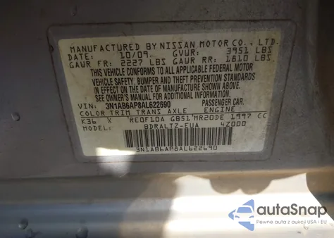 2010 Nissan Sentra 2.0S z USA, uszkodzony, nr VIN 3N1AB6AP8AL622690